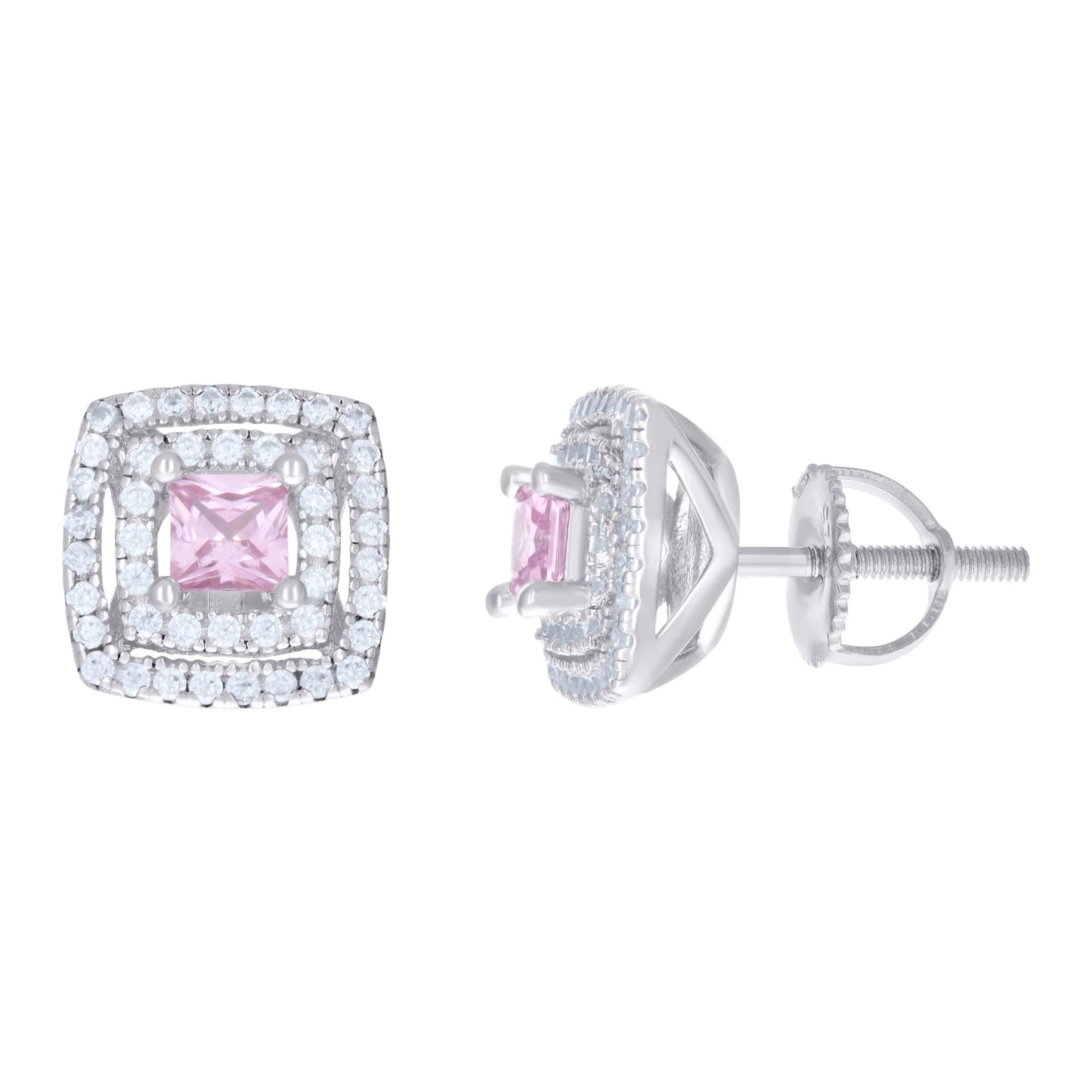 Sterling Silver Womens Cubic Zirconia Halo Square Stud Earrings