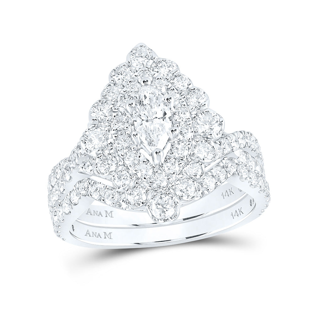 14K White Gold Marquise Diamond Halo Bridal Wedding Ring Band Set 1-7/8 Cttw, Womens Size: 5-10