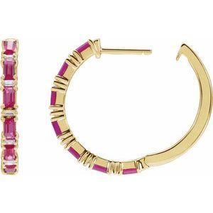14K Yellow Gold Straight Baguette 3.5 X 1.8 Mm Natural Diamond I1, G-H Polished Natural Ruby And 1 1/4 Ctw Natural Diamond Hoop Earrings