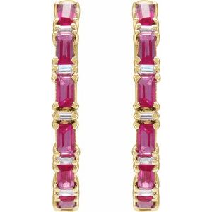 14K Yellow Gold Straight Baguette 3.5 X 1.8 Mm Natural Diamond I1, G-H Polished Natural Ruby And 1 1/4 Ctw Natural Diamond Hoop Earrings