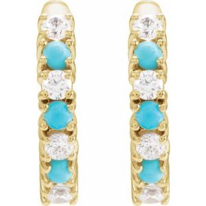 14K Yellow Gold Round 1.7 Mm 1/3 Ctw Natural Diamond And Natural Turquoise Hoop Earrings