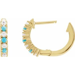14K Yellow Gold Round 1.7 Mm 1/3 Ctw Natural Diamond And Natural Turquoise Hoop Earrings