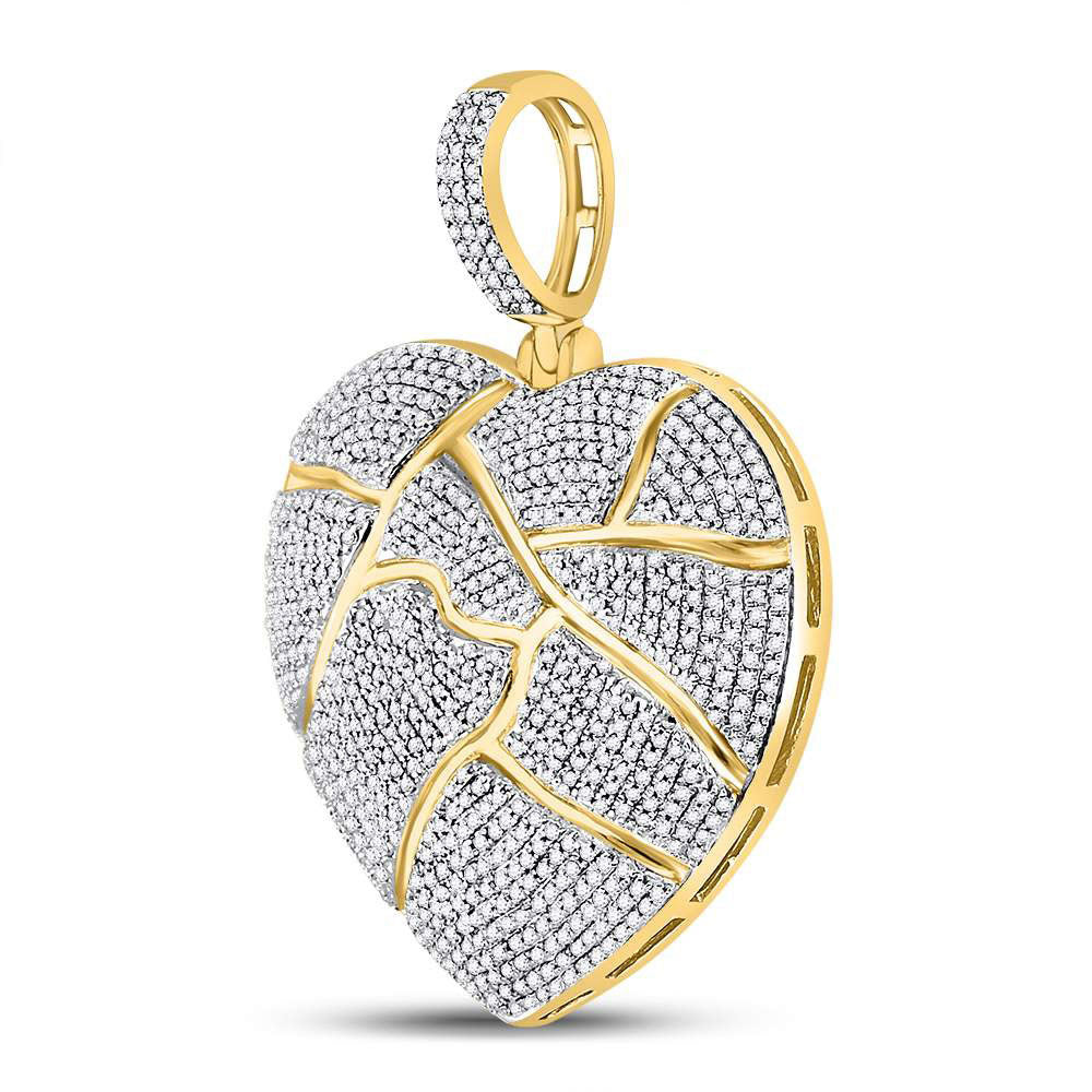 10K Yellow Gold Mens Round Diamond Fractured Broken Heart Charm Pendant 1-1/2 Cttw, Length: 1.23 In, Width: 0.89 In