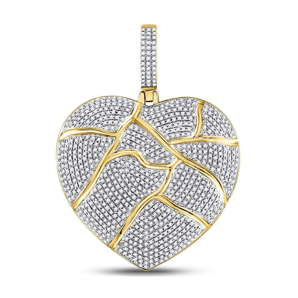 10K Yellow Gold Mens Round Diamond Fractured Broken Heart Charm Pendant 1-1/2 Cttw, Length: 1.23 In, Width: 0.89 In