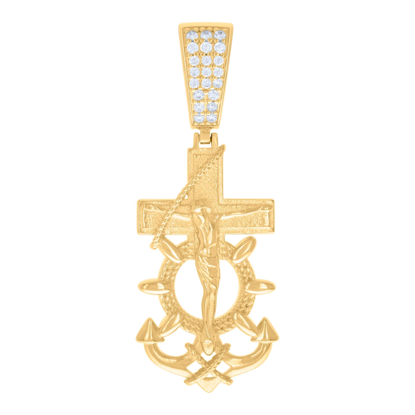 Sterling Silver Or Yellow-tone Mens Cubic-Zirconia Anchor Crucifix Religious Pendant