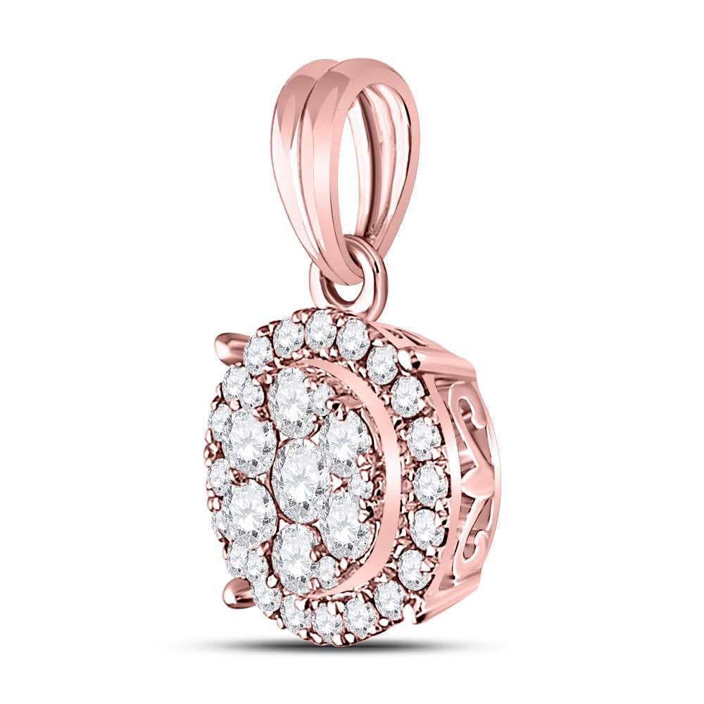 14K Rose Gold Womens Round Diamond Halo Cluster Pendant 1/2 Cttw