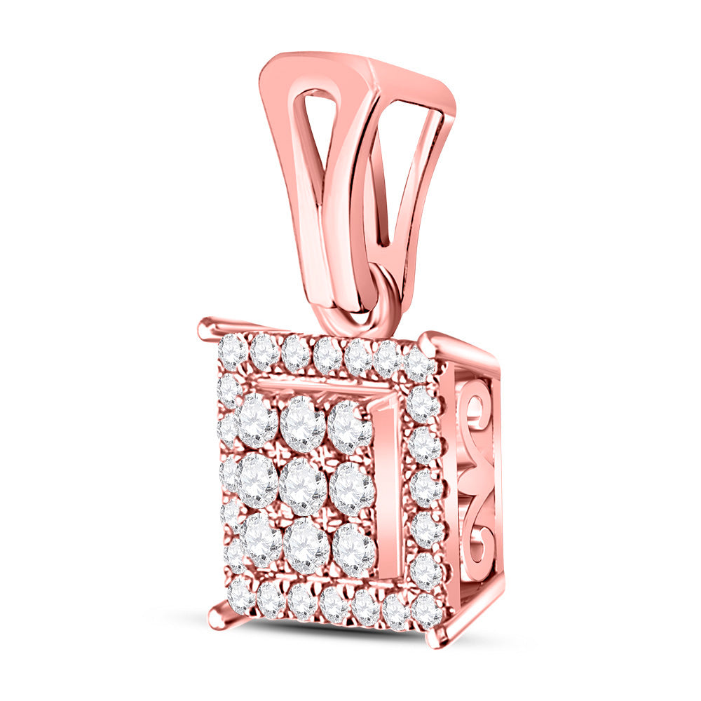 14K Rose Gold Womens Round Diamond Square Cluster Pendant 1/4 Cttw