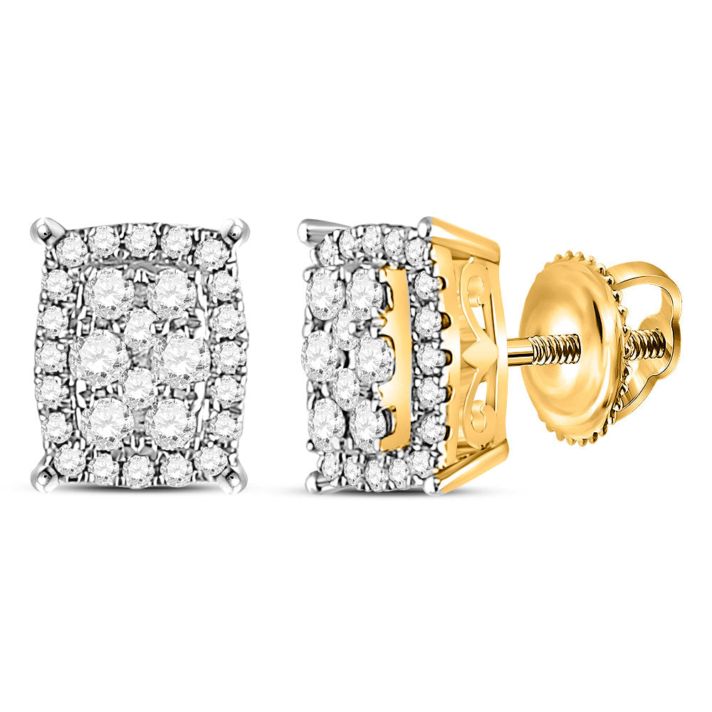 14K White Or Yellow Gold Womens Round Diamond Rectangle Cluster Earrings