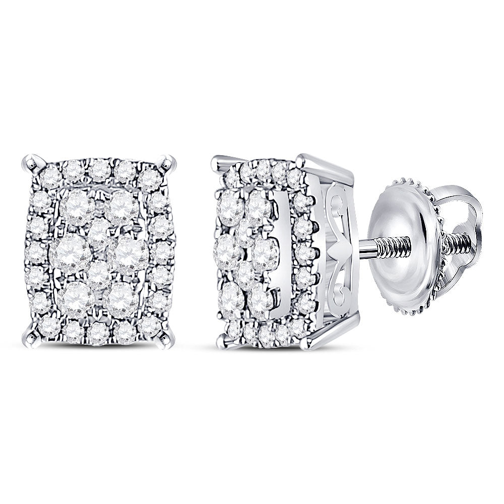 14K White Or Yellow Gold Womens Round Diamond Rectangle Cluster Earrings