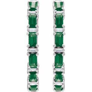 14K White Gold Straight Baguette 3.5 X 1.8 Mm I1, G-H Polished Natural Emerald And 1 1/4 Ctw Natural Diamond Hoop Earrings