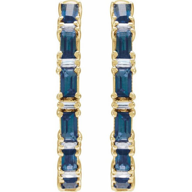 14K Yellow Gold Straight Baguette 3.5 X 1.8 Mm I1, G-H Polished Natural Blue Sapphire And 1 1/4 Ctw Natural Diamond Hoop Earrings