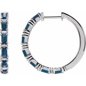 14K White Gold Natural Blue Sapphire & 1 1/4 CTW Natural Diamond Hoop Earrings