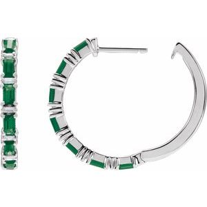 14K White Gold Straight Baguette 3.5 X 1.8 Mm I1, G-H Polished Natural Emerald And 1 1/4 Ctw Natural Diamond Hoop Earrings