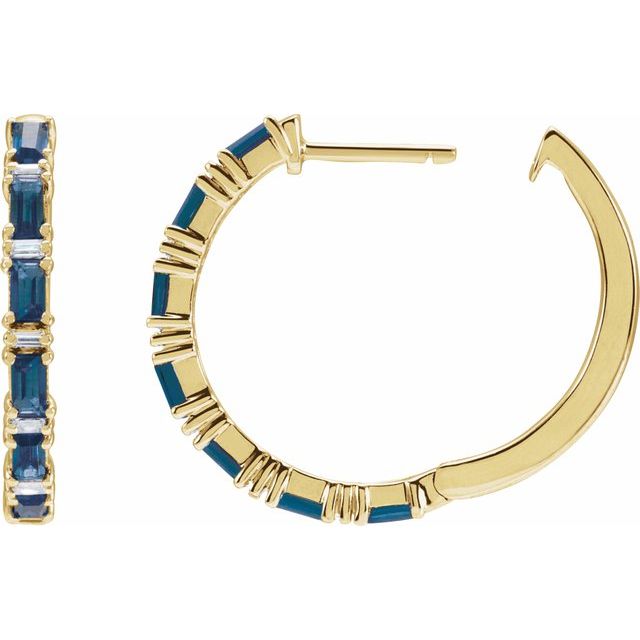 14K Yellow Gold Straight Baguette 3.5 X 1.8 Mm I1, G-H Polished Natural Blue Sapphire And 1 1/4 Ctw Natural Diamond Hoop Earrings