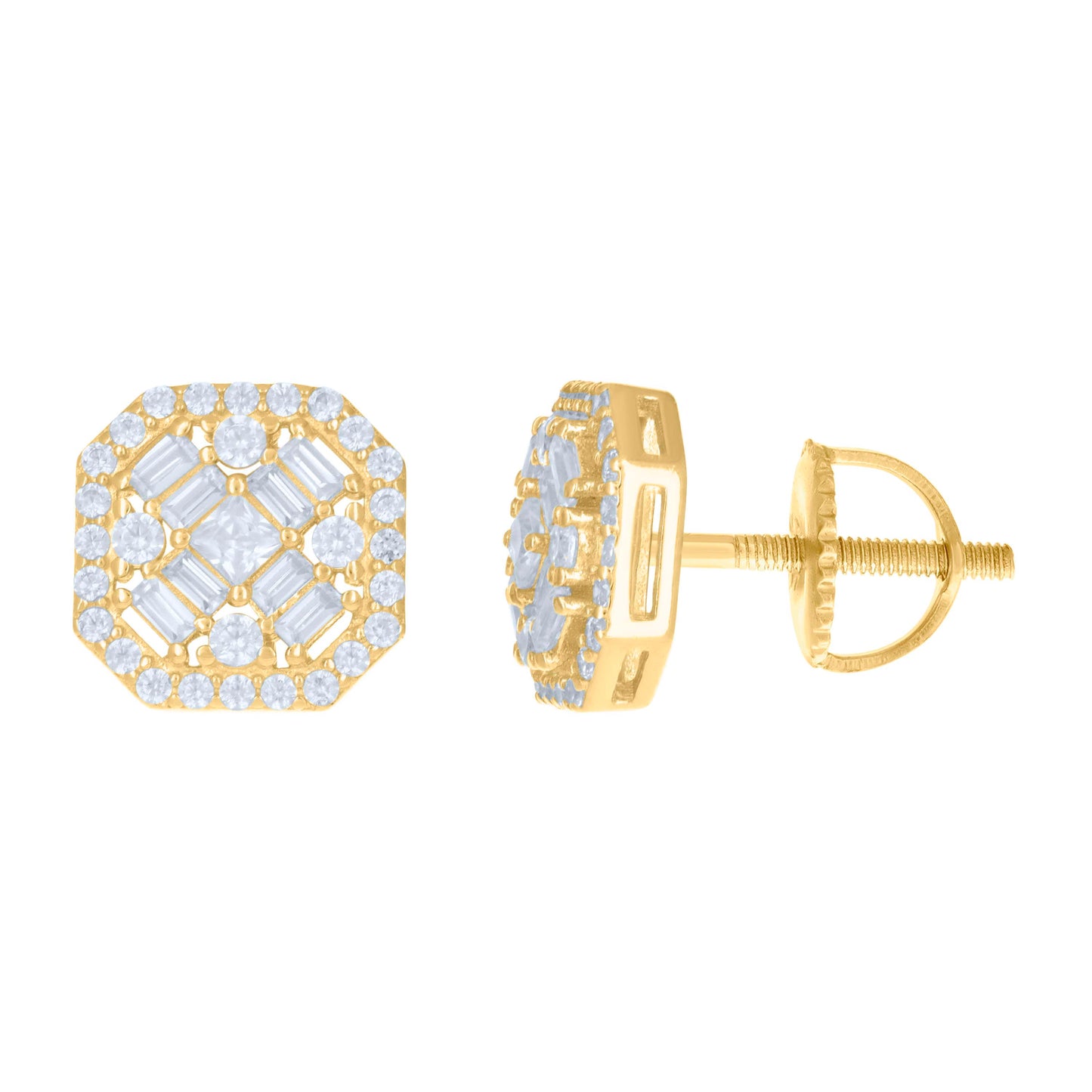 Sterling Silver Unisex Baguette Cubic-Zirconia Octagon Fashion Stud Earrings