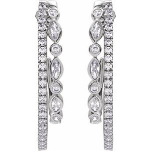 14K White Gold Pair Marquise Shape 3.8 X 1.9Mm I1, Gh 1 1/5 Ctw Natural Diamond Hoop Earrings, Length: 30.5 Mm, Thickness: 5.5 Mm