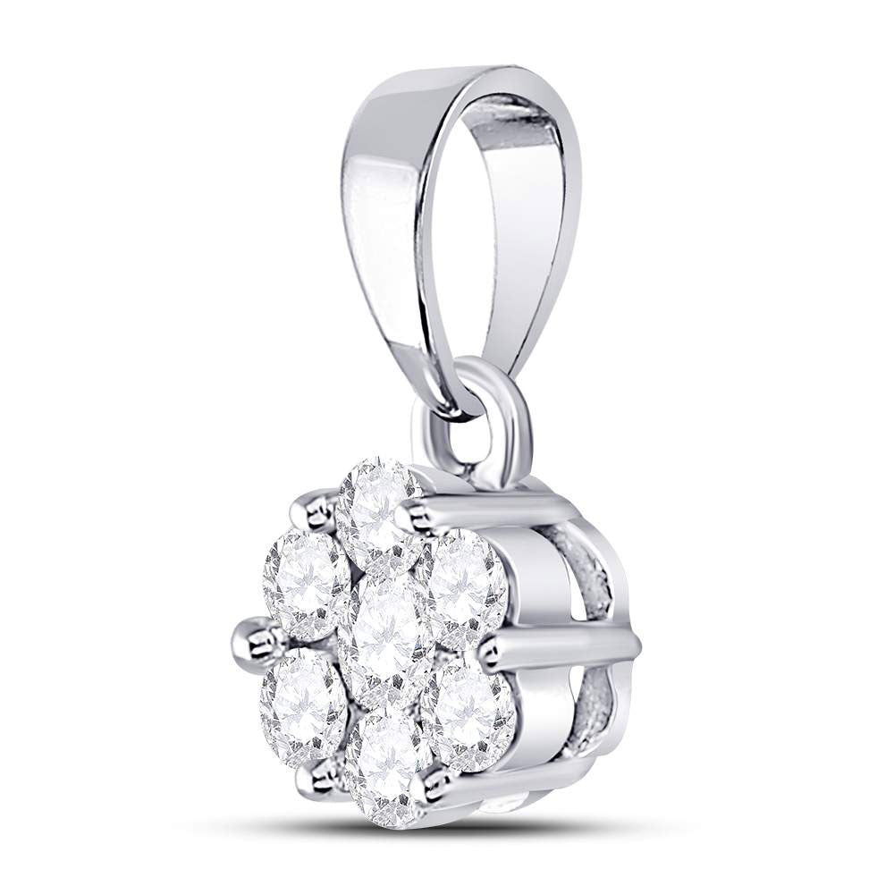 14K White Gold Womens Round Diamond Flower Cluster Pendant 1/2 Cttw, Length: 0.54 In, Width: 0.28 In