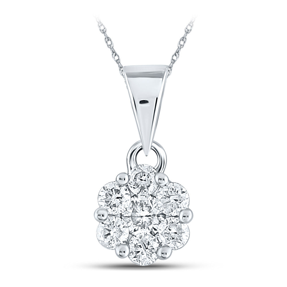 14K White Gold Womens Round Diamond Flower Cluster Pendant 1/2 Cttw, Length: 0.54 In, Width: 0.28 In