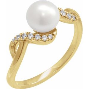 14K Yellow Gold Cultured White Freshwater Pearl Pearl 6.5 Mm Natural Diamond Polished Freshwater Pearl And 1/8 Ctw Natural Diamond Ring Size 7