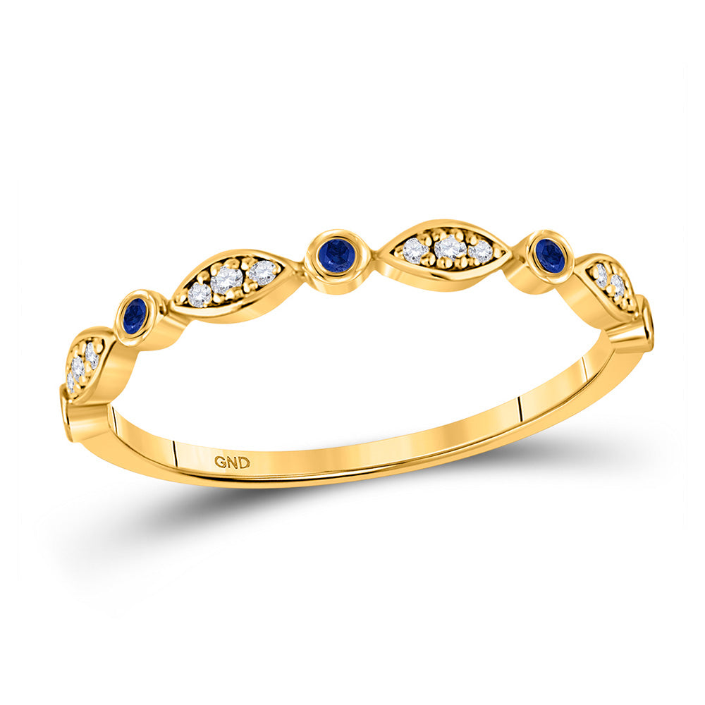 10K Yellow Gold Womens Round Blue Sapphire Diamond Stackable Band Ring 1/10 Cttw, Womens Size: 5-10