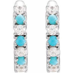 14K White Gold Round 1.7 Mm 1/3 Ctw Natural Diamond And Natural Turquoise Hoop Earrings