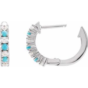 14K White Gold Round 1.7 Mm 1/3 Ctw Natural Diamond And Natural Turquoise Hoop Earrings
