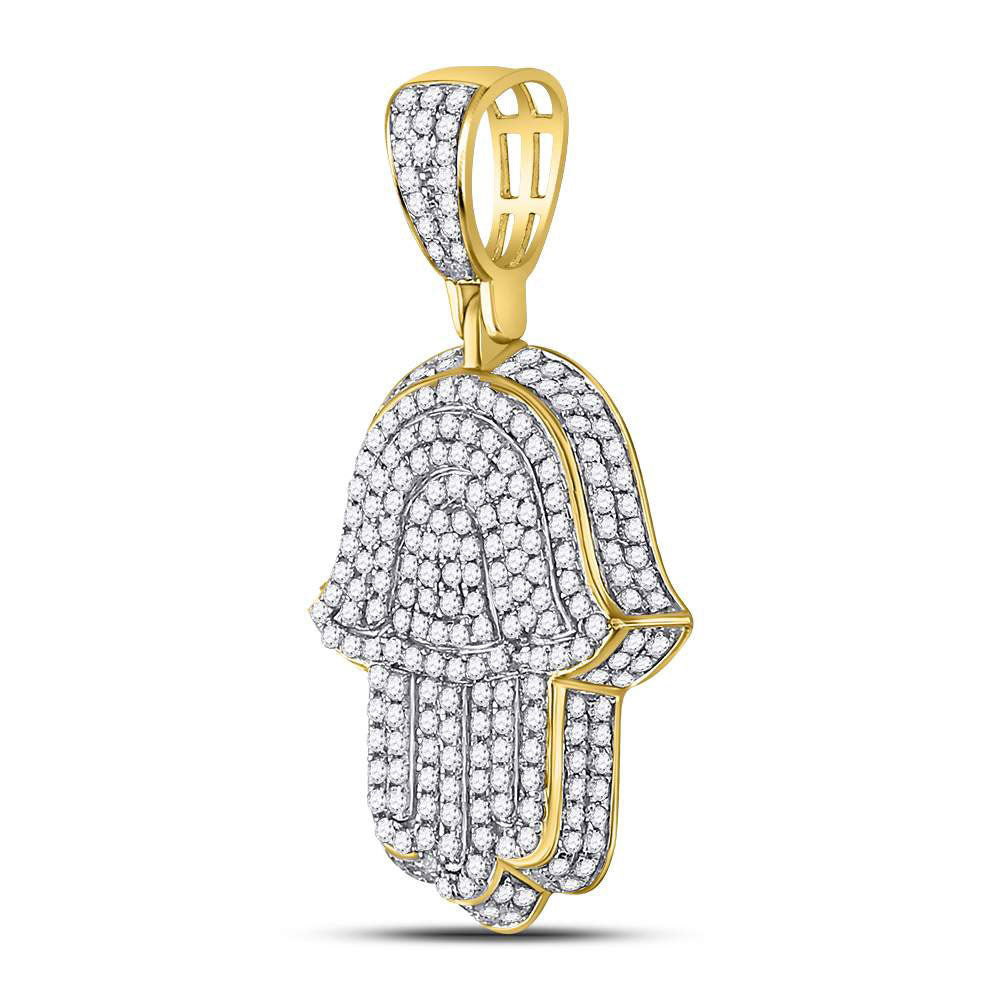 10K Yellow Gold Mens Round Diamond Hamsa Charm Pendant 1-1/4 Cttw, Length: 1.33 In, Width: 0.75 In