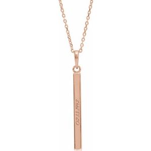 14K Yellow Or White Or Rose Gold Or Sterling Silver Or Platinum Engravable Four-Sided Bar 16-18" Necklace