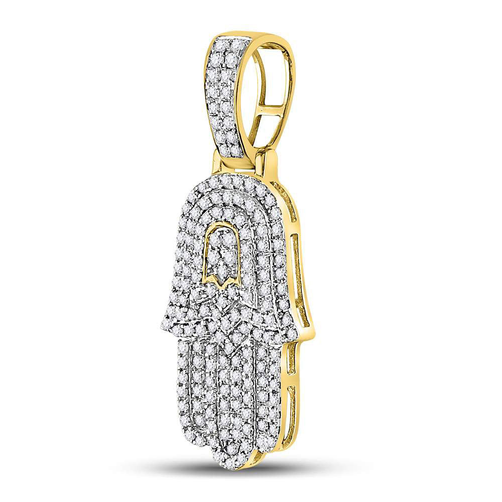 10K Yellow Gold Mens Round Diamond Hamsa Charm Pendant 1/2 Cttw, Length: 1.17 In, Width: 0.48 In