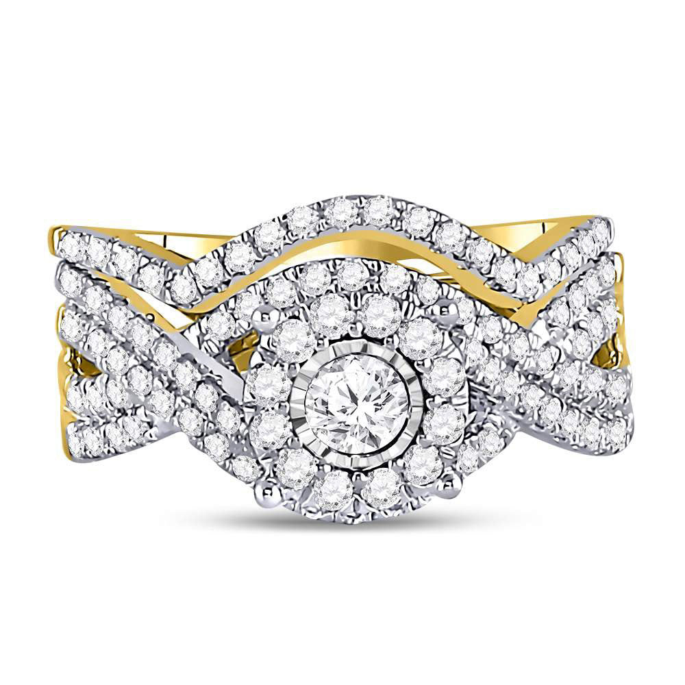 10K Yellow Gold Round Diamond Contoured Bridal Wedding Ring Band Set 1 Cttw, Womens Size: 5-10