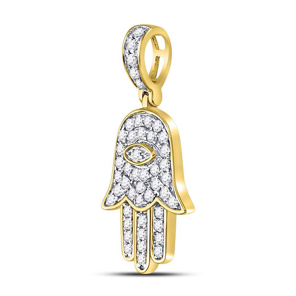 10K Yellow Gold Mens Round Diamond Hamsa Eye Fatima Charm Pendant 1/4 Cttw, Length: 1.07 In, Width: 0.54 In