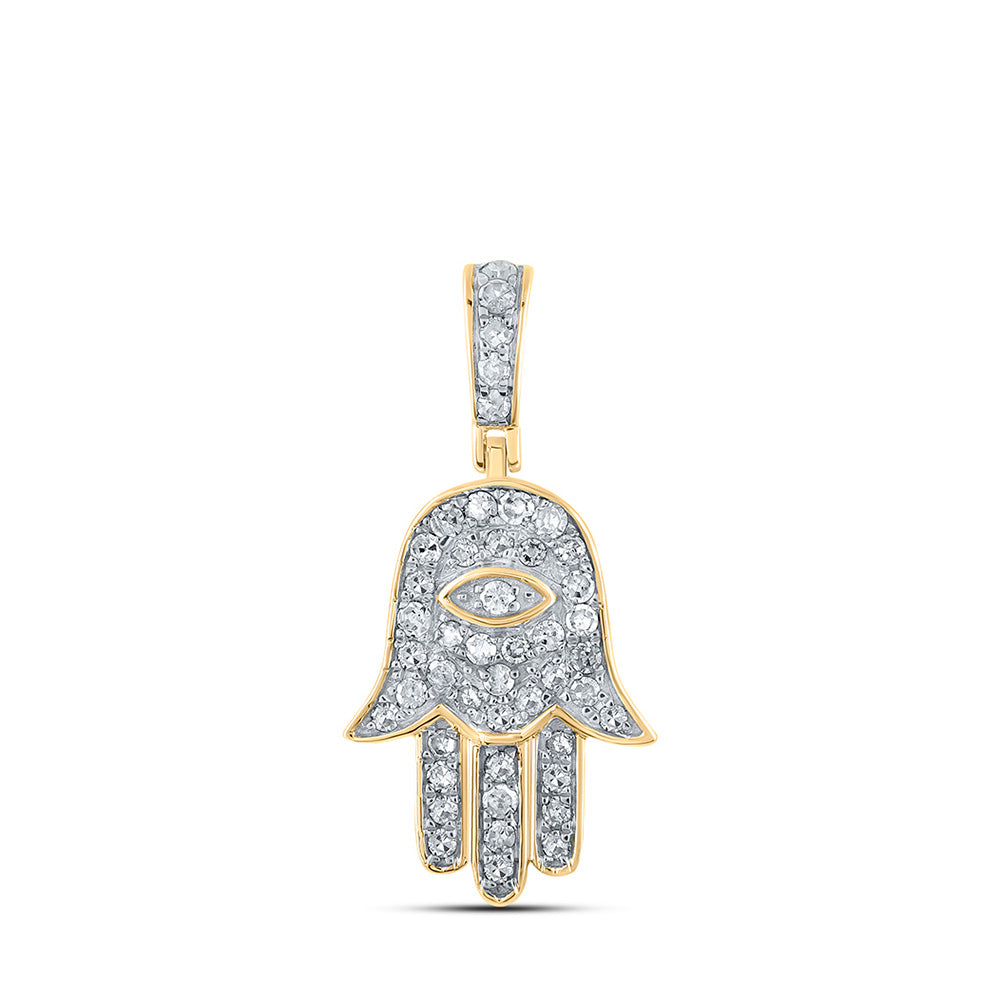 10K Yellow Gold Mens Round Diamond Hamsa Eye Fatima Charm Pendant 1/4 Cttw, Length: 1.07 In, Width: 0.54 In