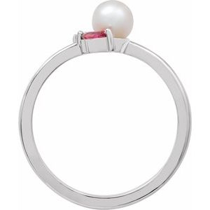 14K White Gold 5 Mm Natural Multi-Gemstone Polished Cultured Akoya Pearl And Natural Pink Tourmaline And Natural Pink Sapphire Ring Size 7