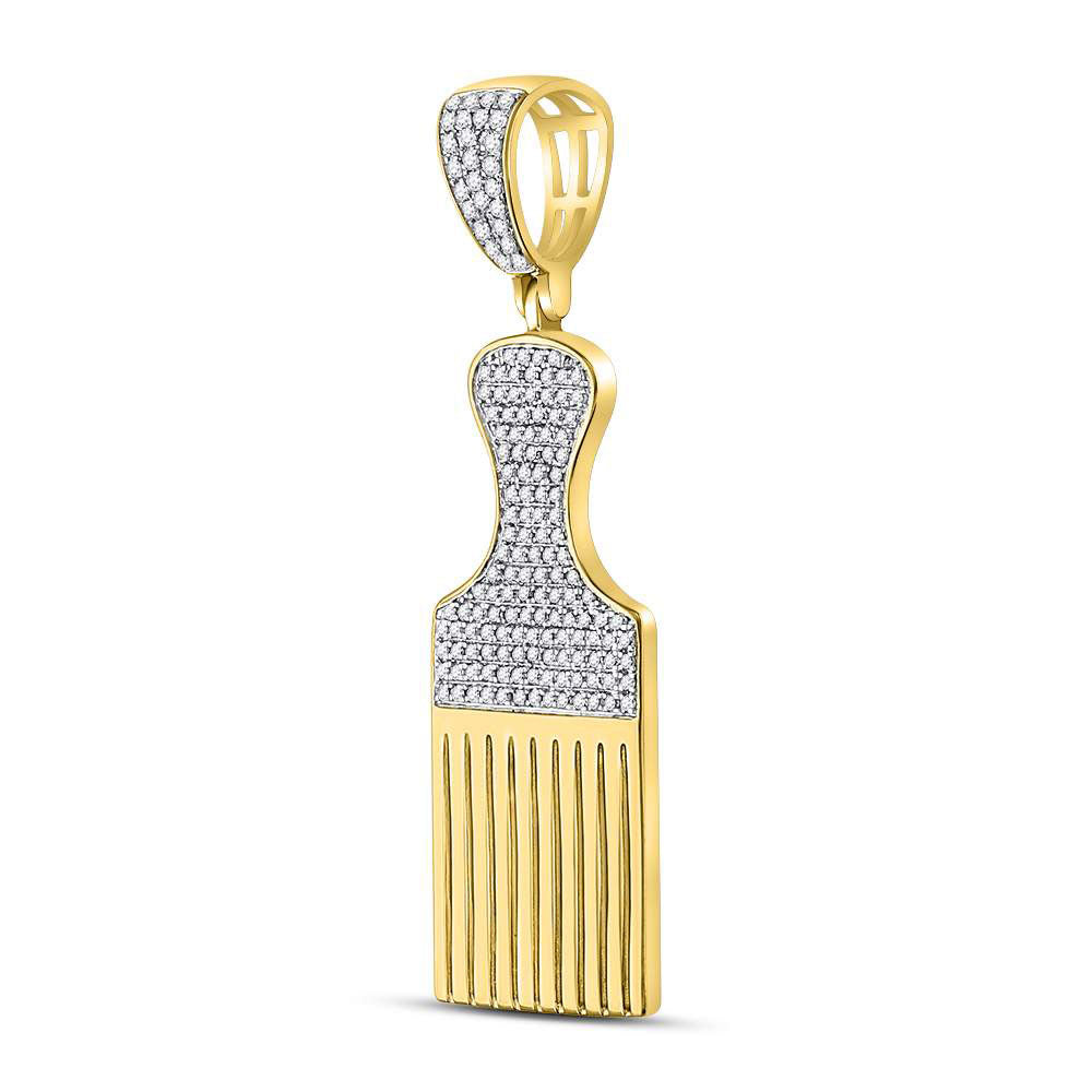 10K Yellow Gold Mens Round Diamond Afro Hair Pick Charm Pendant 1/2 Cttw, Length: 1.82 In, Width: 0.57 In