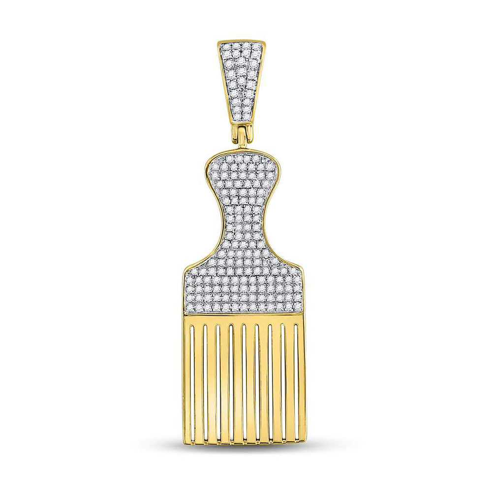 10K Yellow Gold Mens Round Diamond Afro Hair Pick Charm Pendant 1/2 Cttw, Length: 1.82 In, Width: 0.57 In