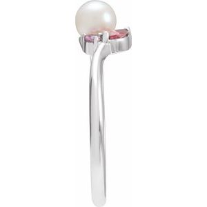 14K White Gold 5 Mm Natural Multi-Gemstone Polished Cultured Akoya Pearl And Natural Pink Tourmaline And Natural Pink Sapphire Ring Size 7