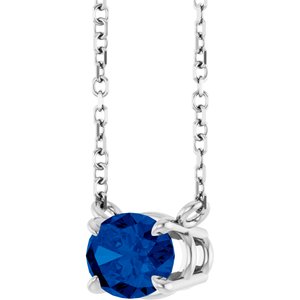 14K White Gold Oval 7 X 5 Mm Lab-Grown Blue Sapphire 4-Prong Claw Necklace, Length: 18 In
