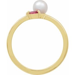 14K Yellow Gold 5 Mm Natural Multi-Gemstone Polished Cultured Akoya Pearl And Natural Pink Tourmaline And Natural Pink Sapphire Ring Size 7