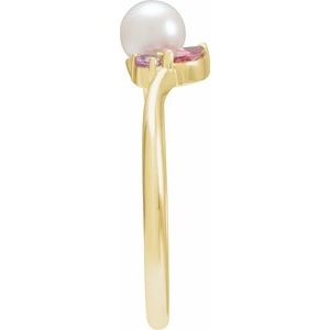 14K Yellow Gold 5 Mm Natural Multi-Gemstone Polished Cultured Akoya Pearl And Natural Pink Tourmaline And Natural Pink Sapphire Ring Size 7
