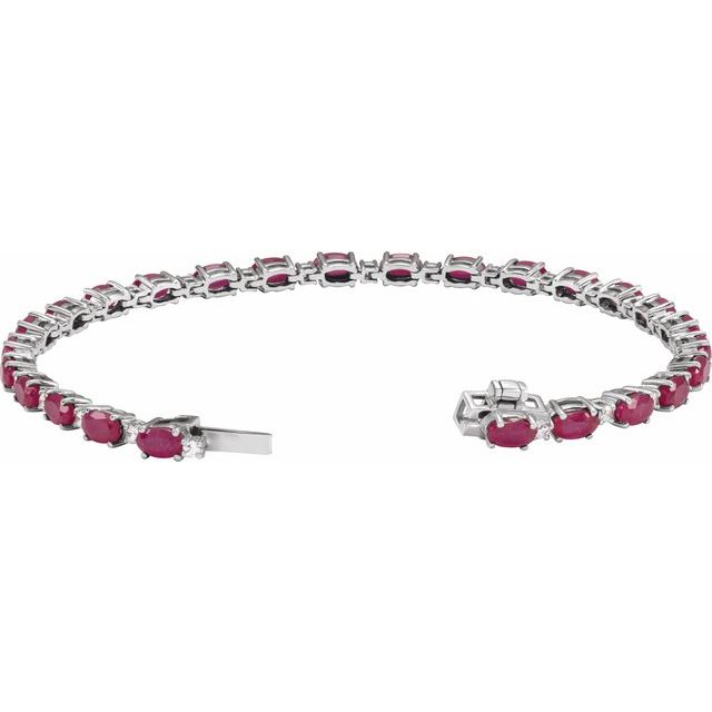 14K White Gold Oval Si1-Si2, G-H 7 In Polished Lab-Grown Ruby And 5/8 Ctw Lab-Grown Diamond Line Bracelet