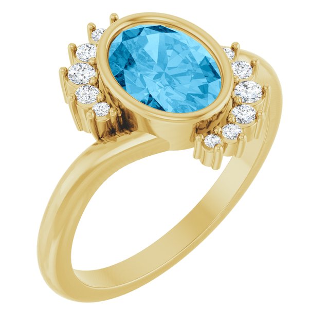 14K Yellow Gold Oval 8 X 6 Mm Polished Natural Swiss Blue Topaz And 1/8 Ctw Natural Diamond Ring, Size 7