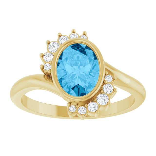 14K Yellow Gold Oval 8 X 6 Mm Polished Natural Swiss Blue Topaz And 1/8 Ctw Natural Diamond Ring, Size 7