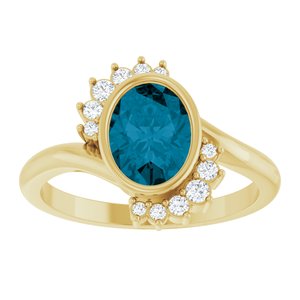 14K Yellow Gold Natural London Blue Topaz Oval 8 X 6 Mm Natural Diamond Polished Natural London Blue Topaz And 1/8 Ctw Natural Diamond Ring Size 7