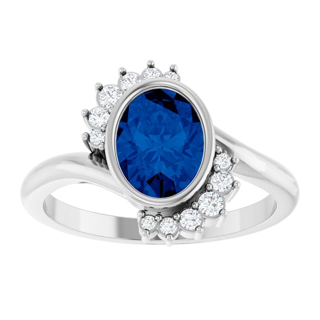 14K White Or Yellow Gold Oval 8 X 6 Mm Polished Lab-Grown Blue Sapphire And 1/8 Ctw Natural Diamond Ring, Size 7