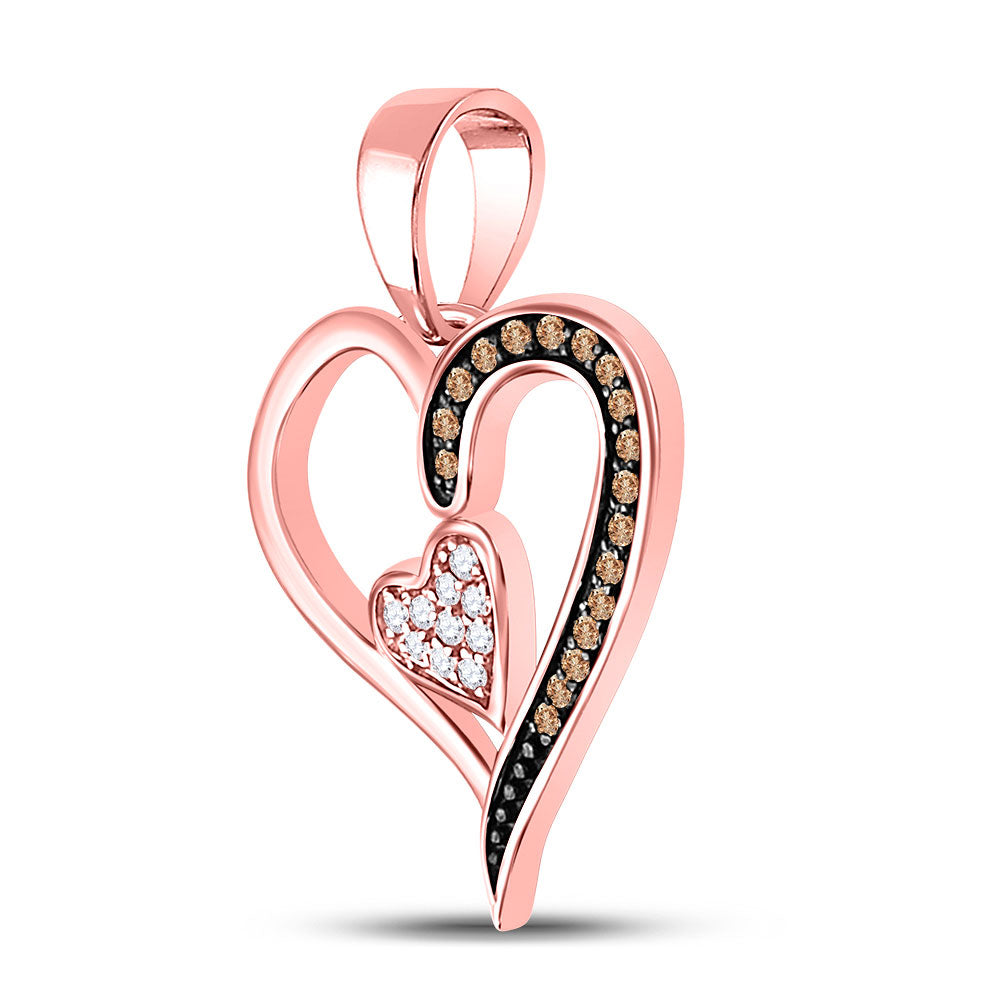 10K Rose Gold Womens Round Brown Diamond Heart Pendant 1/10 Cttw