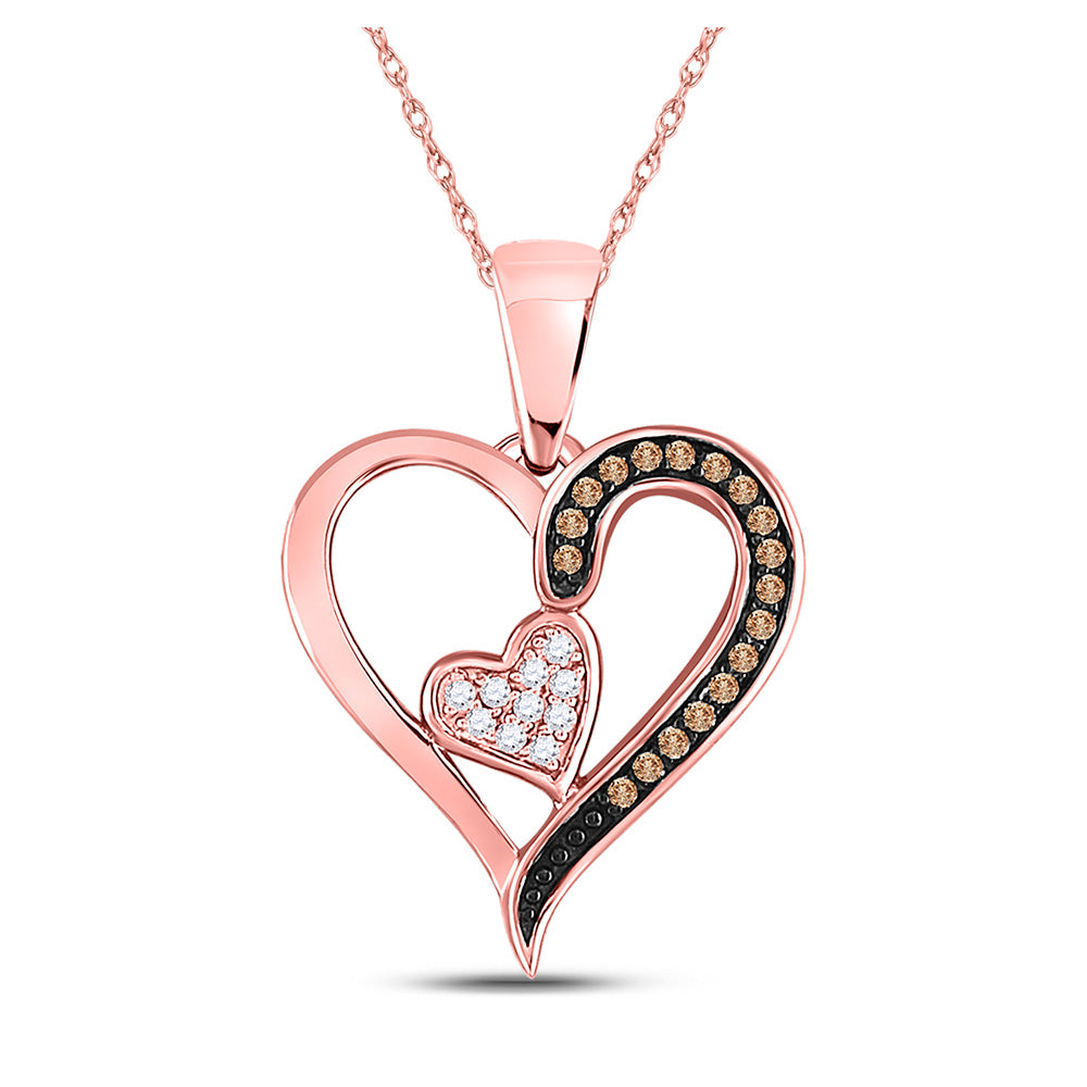 10K Rose Gold Womens Round Brown Diamond Heart Pendant 1/10 Cttw
