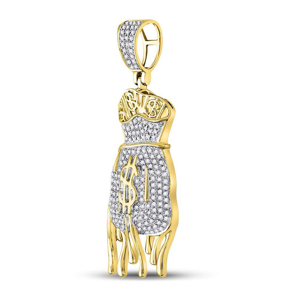 10K Yellow Gold Mens Round Diamond Dripping Money Bag Charm Pendant 1/2 Cttw