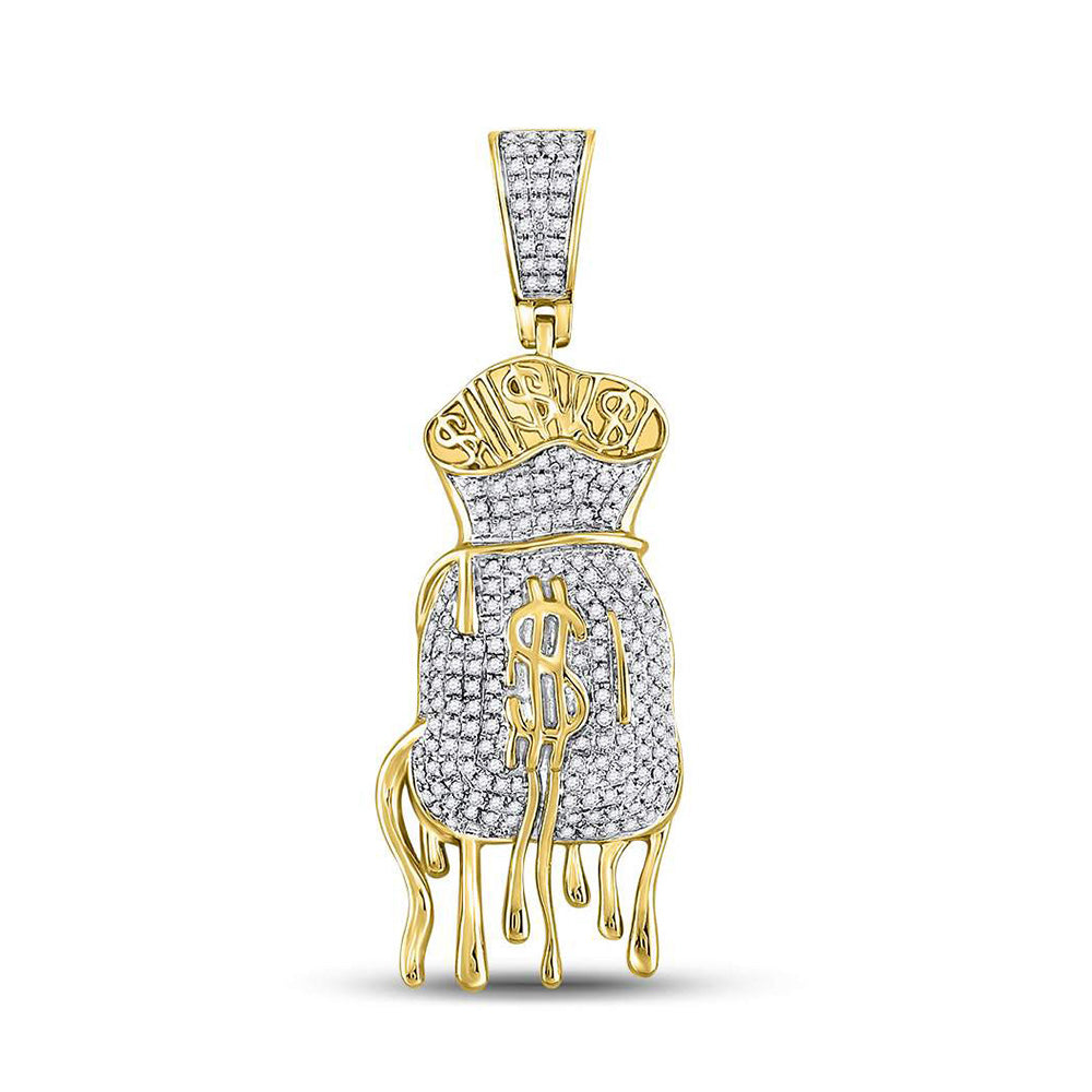 10K Yellow Gold Mens Round Diamond Dripping Money Bag Charm Pendant 1/2 Cttw