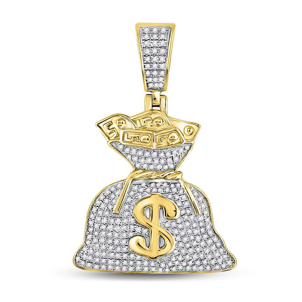 10K Yellow Gold Mens Round Diamond Money Bag Dollar Charm Pendant 1/2 Cttw, Length: 1.43 In, Width: 0.94 In