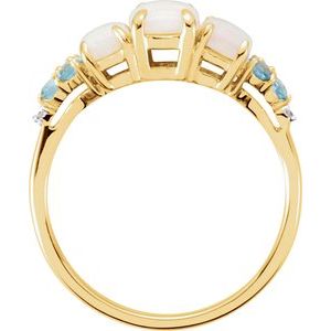 14K Yellow Gold Oval 8 X 5 Mm Natural Opal Natural Swiss Blue Topaz And .012 Ctw Natural Diamond Ring Size 7